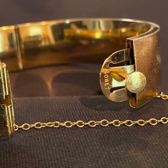 Stamped MONET Gold Toned Brush Textured Hinged Cuff Bangle Bracelet